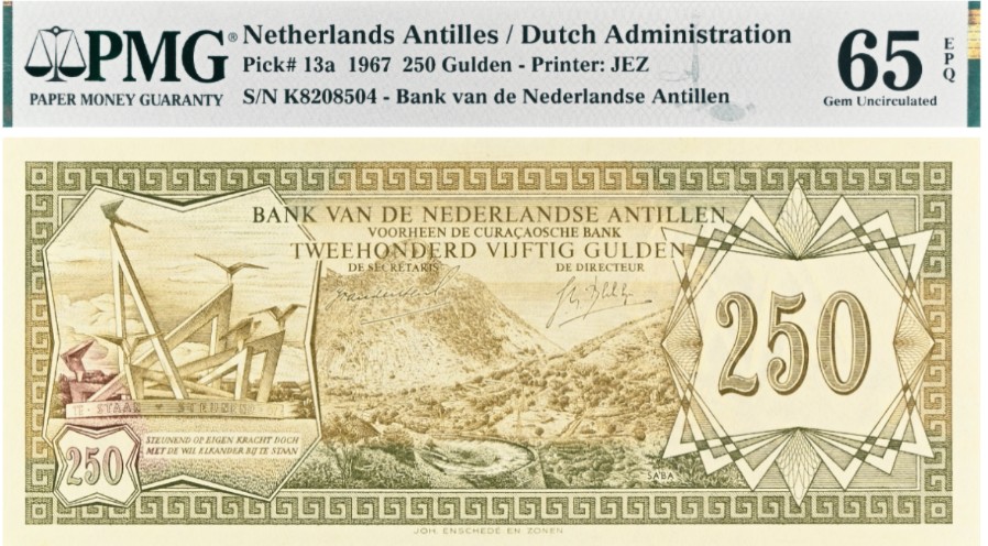 НИДЕРЛАНДСКИЕ АНТИЛЬСКИЕ ОСТРОВА 250 ГУЛЬДЕНОВ (PMG - GRADE 65)