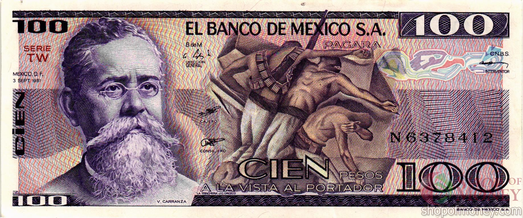 МЕКСИКА 100 ПЕСО (-TW- СЕРИЯ) мини 1
