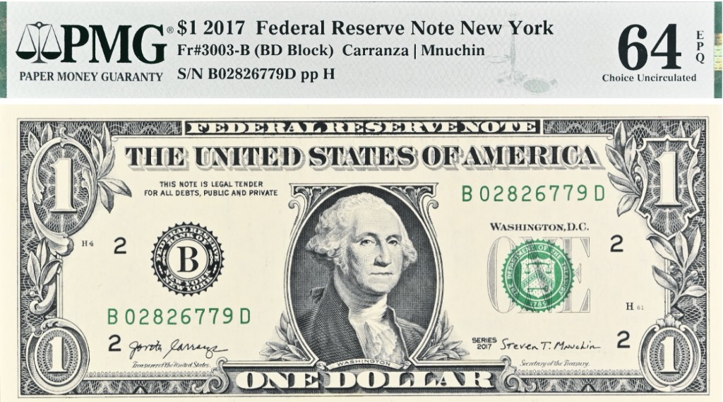 США 1 ДОЛЛАР (B - НЬЮ-ЙОРК - PMG - ГРЕЙД 64) #B02826779D