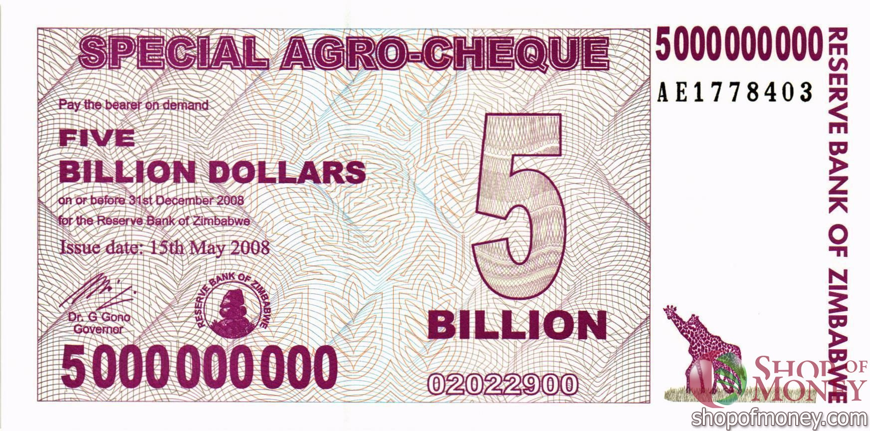 ЗИМБАБВЕ 5000000000 ДОЛЛАРОВ