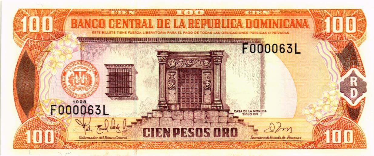 ДОМИНИКАНСКАЯ РЕСПУБЛИКА 100 ПЕСО (НИЗКИЙ НОМЕР) мини 1