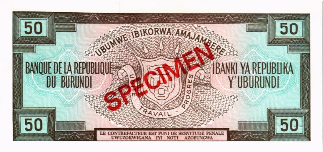 БУРУНДИ 50 ФРАНКОВ (SPECIMEN) мини 2