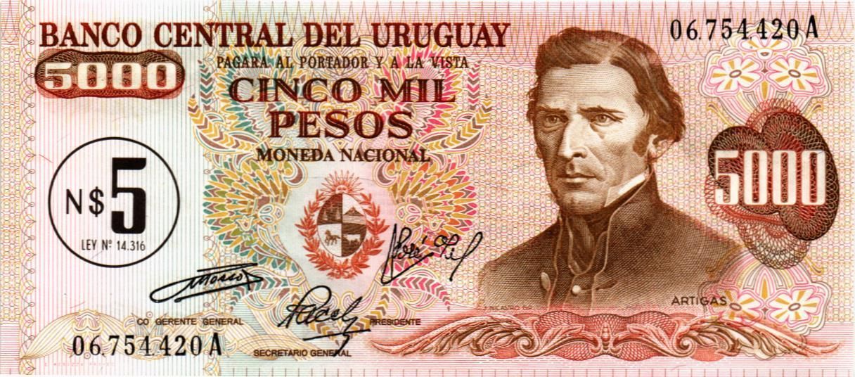 УРУГВАЙ 5 ПЕСО (НАДПЕЧАТКА) мини 1
