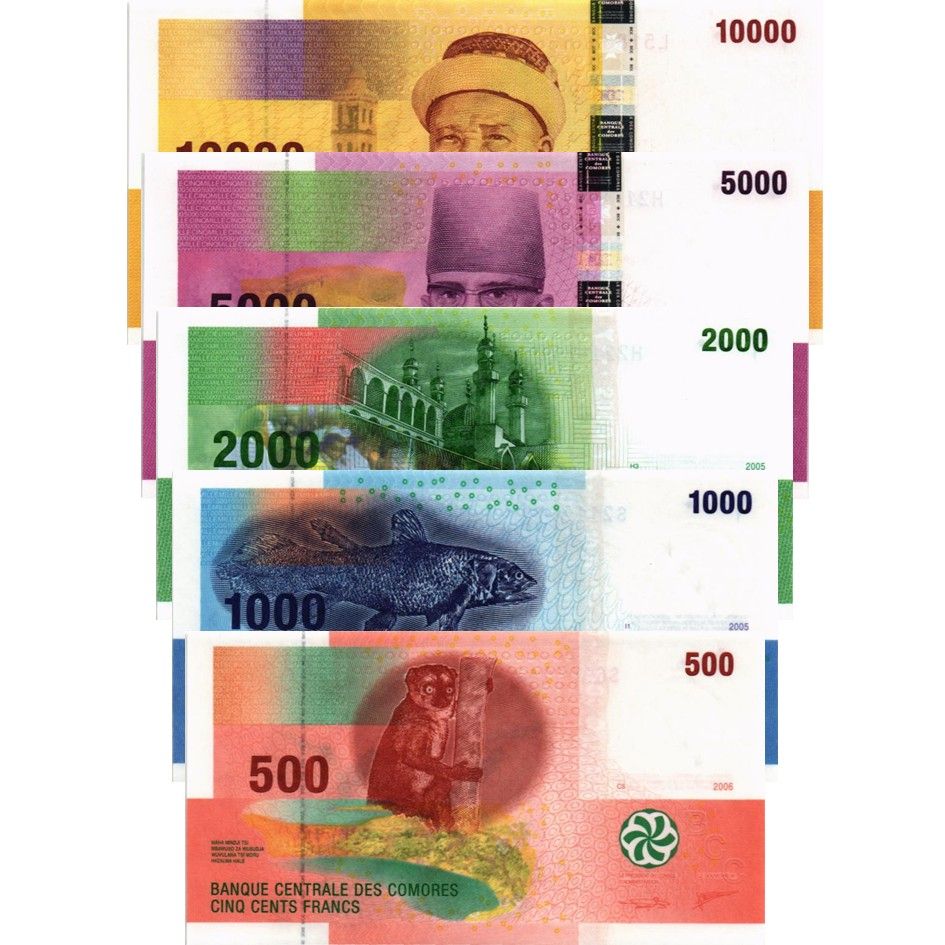 КОМОРСКИЕ ОСТРОВА НАБОР 500-1000-2000-5000-10000 ФРАНКОВ 1