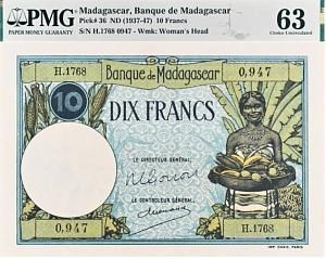 МАДАГАСКАР 10 ФРАНКОВ (PMG - GRADE 63) 1