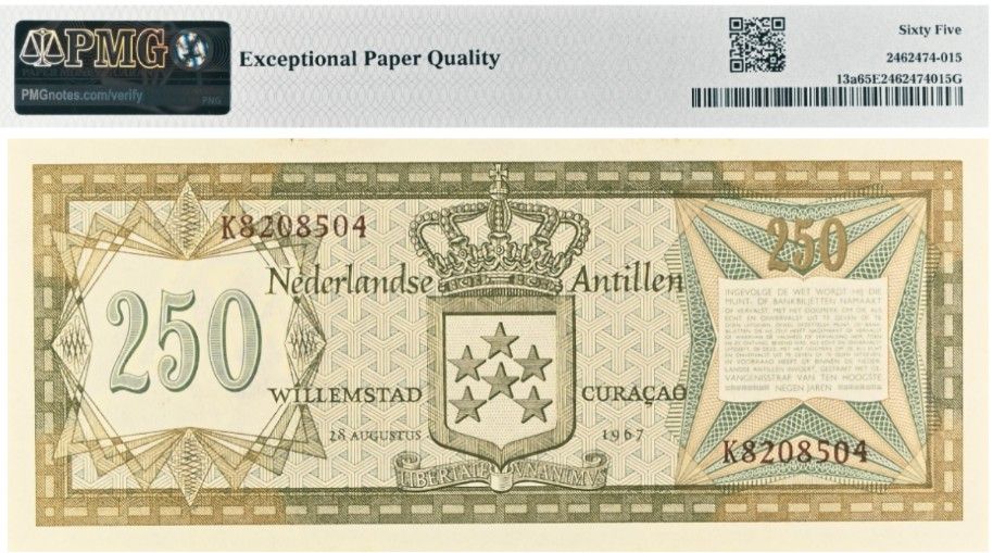 НИДЕРЛАНДСКИЕ АНТИЛЬСКИЕ ОСТРОВА 250 ГУЛЬДЕНОВ (PMG - GRADE 65) 2