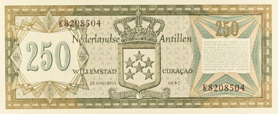 НИДЕРЛАНДСКИЕ АНТИЛЬСКИЕ ОСТРОВА 250 ГУЛЬДЕНОВ (PMG - GRADE 65) 4