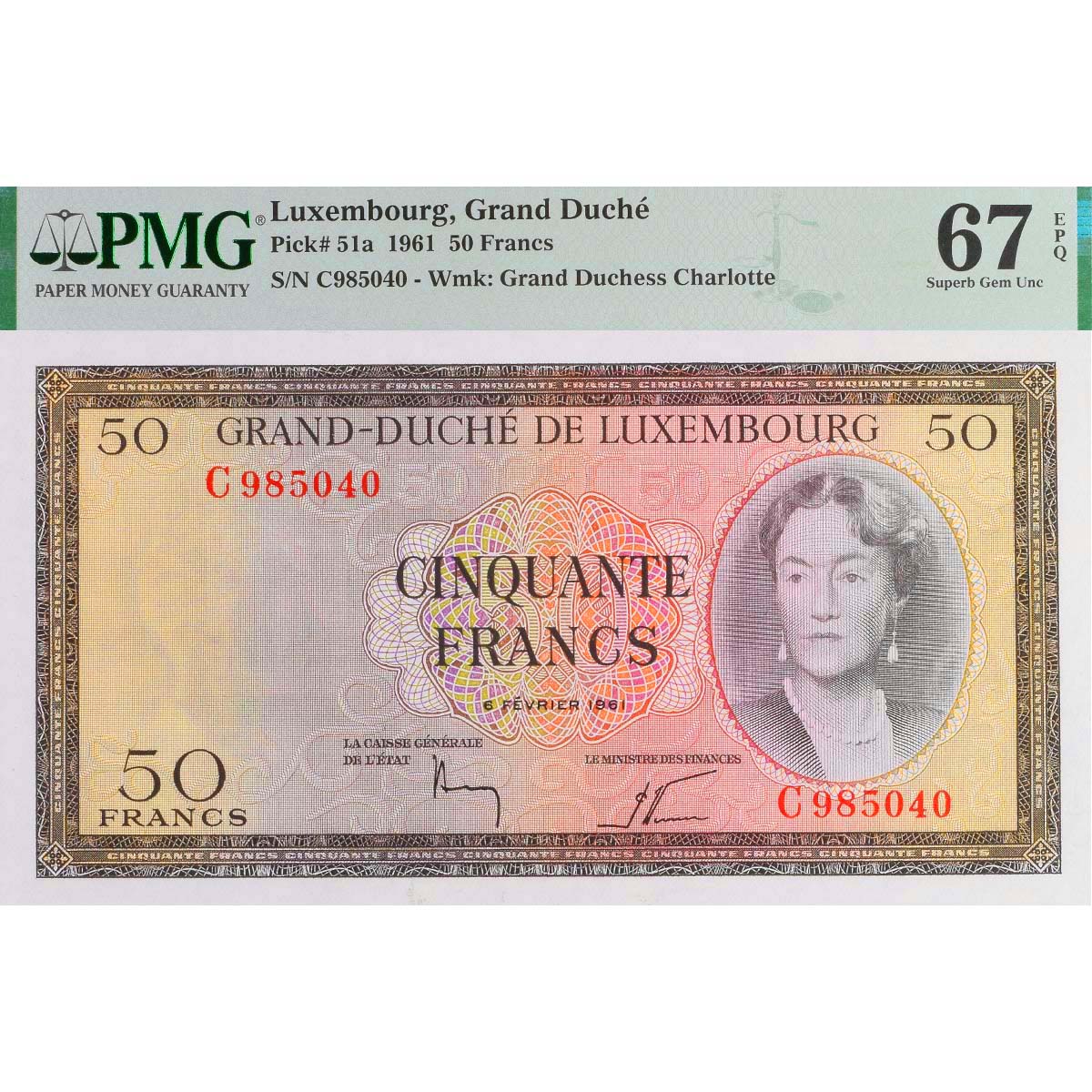 ЛЮКСЕМБУРГ 50 ФРАНКОВ (PMG - GRADE 67) 1